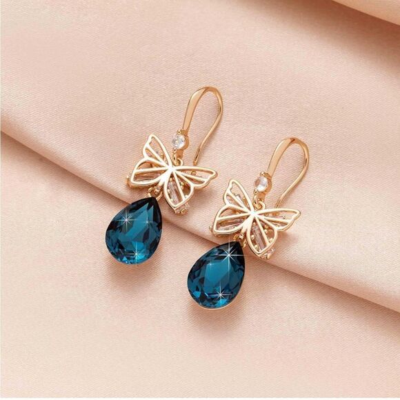 14K Rose Gold and London Blue Topaz Austrian Crystal Butterfly Teardrop Earrings - Picture 2 of 5